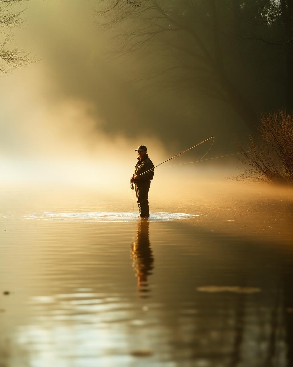 A fly fisherman standing in a misty English chalkstream at dawn
